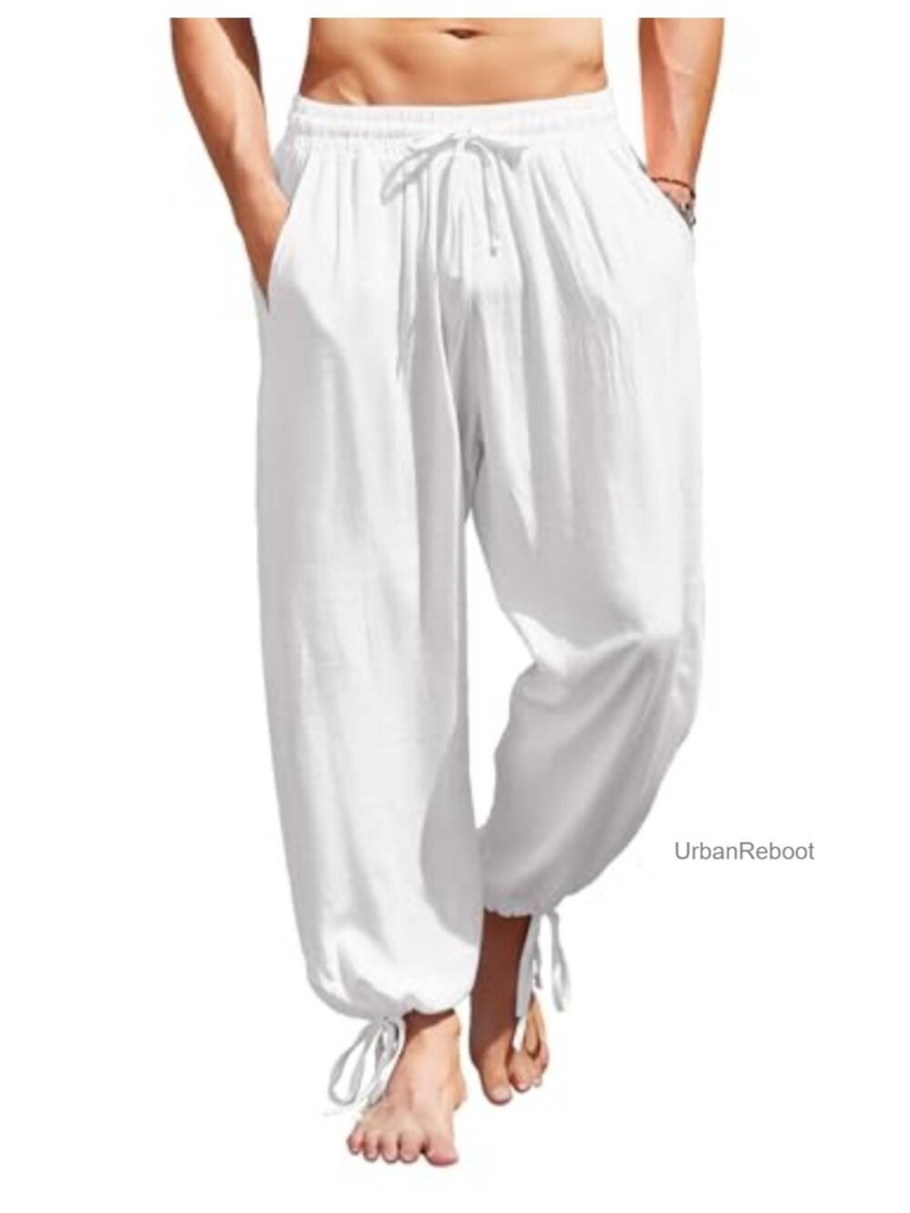 Men's Cotton Linen Casual Pants Elastic Waist Harem Beach Trousers
